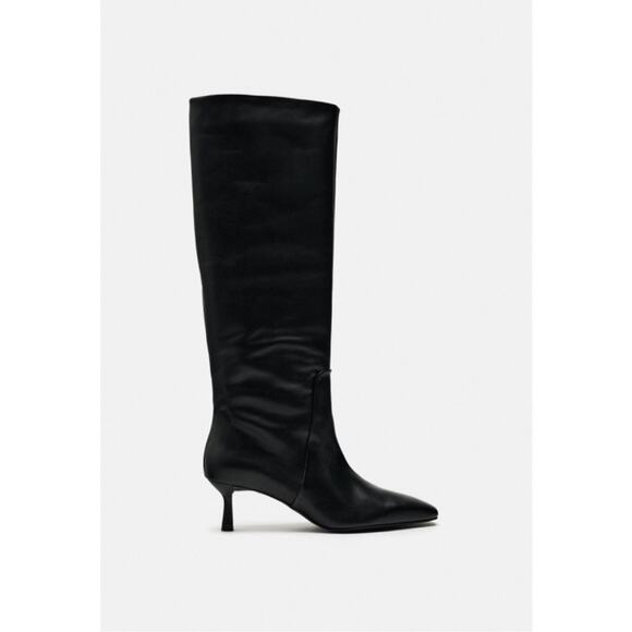 Zara Black HEELED LEATHER KNEE HIGH BOOTS Size 8 - Picture 2 of 7
